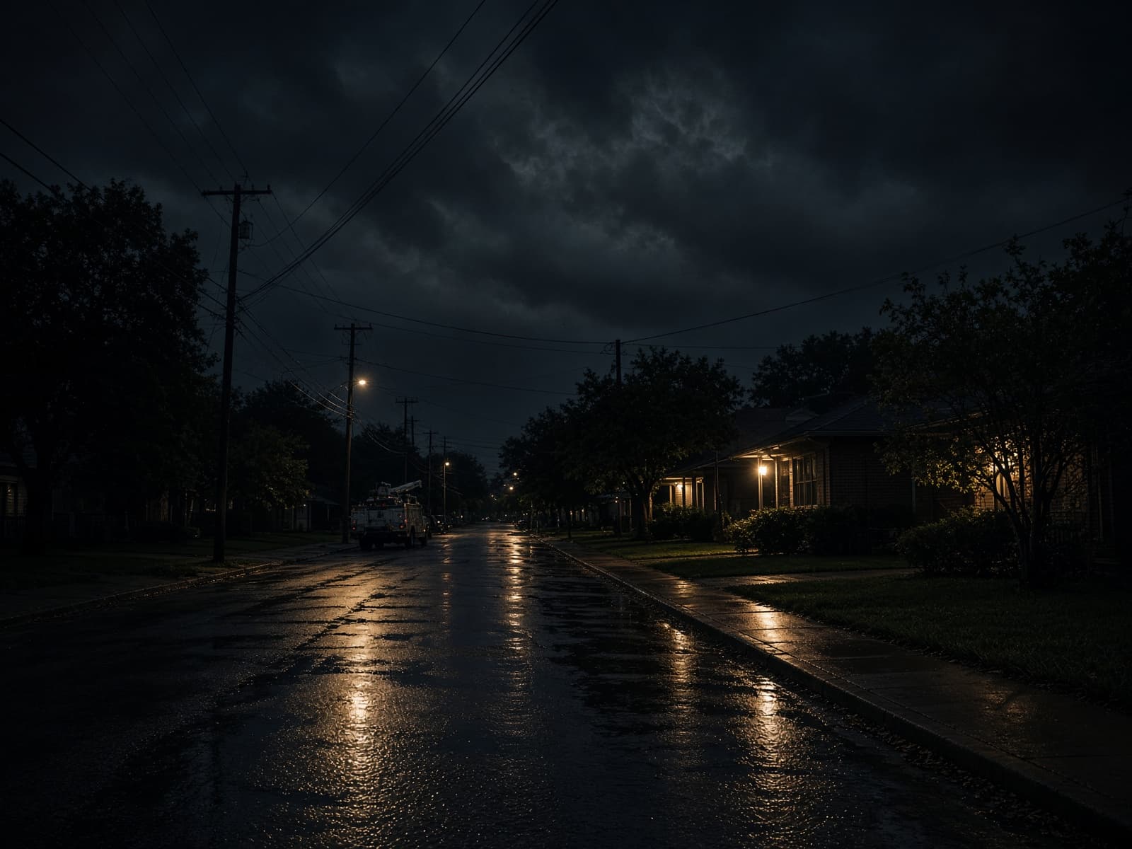 A residential street at dusk after rain.