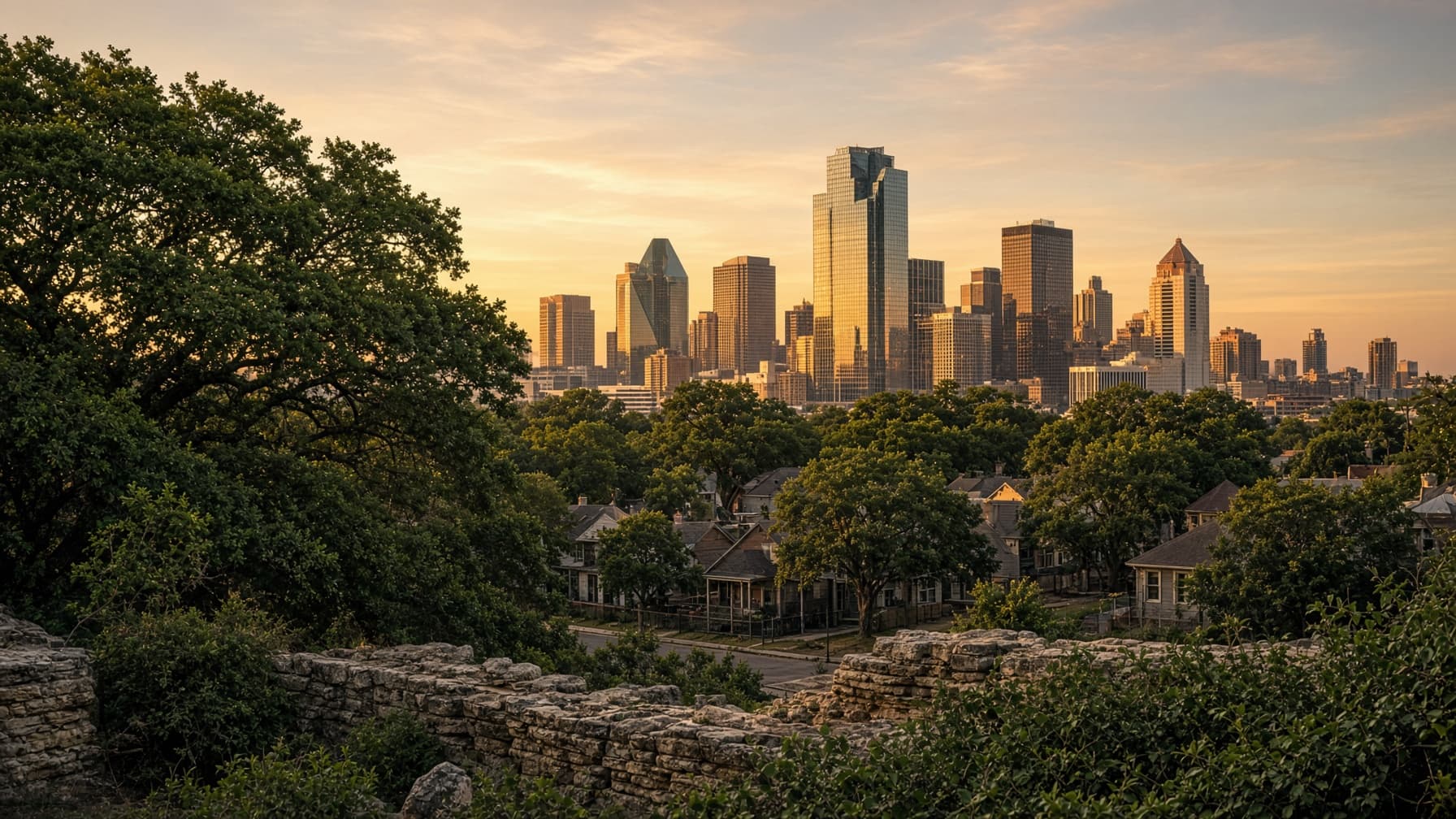 Fort Worth homes and the downtown skyline in warm evening light.