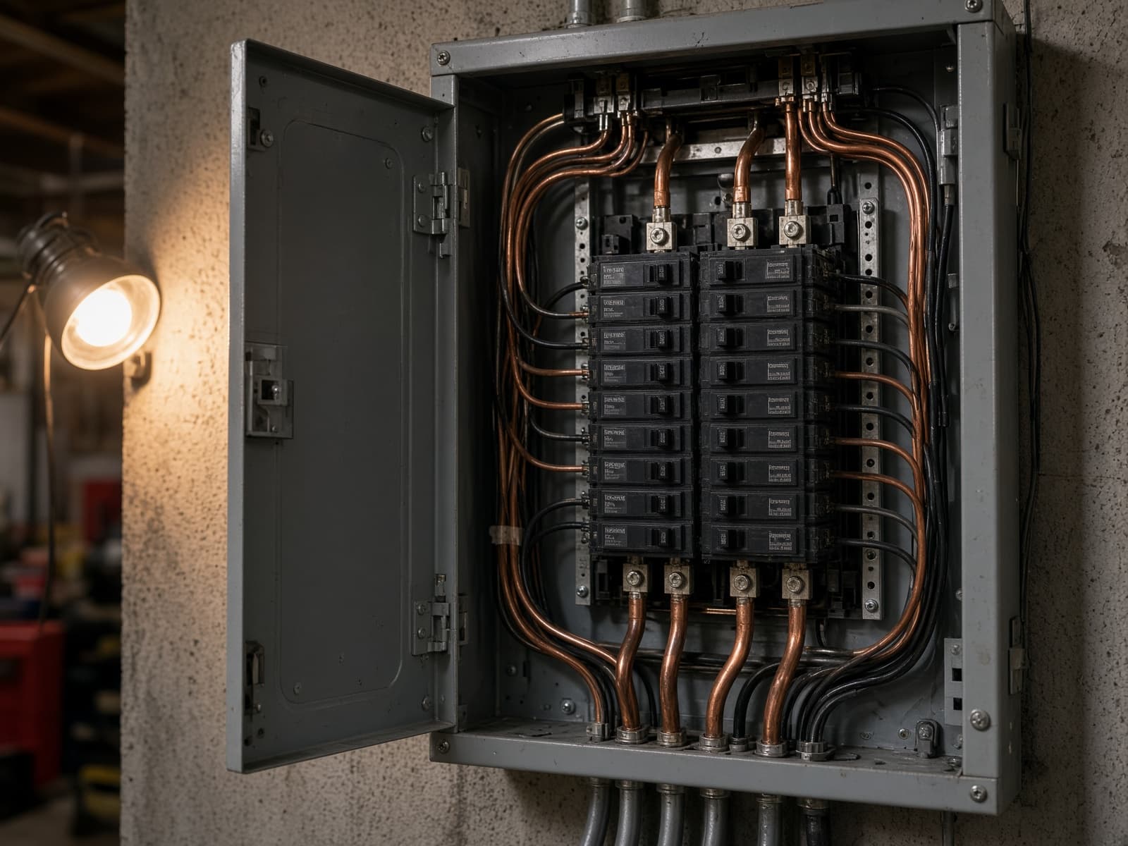 An open residential electrical panel showing breakers and wiring.